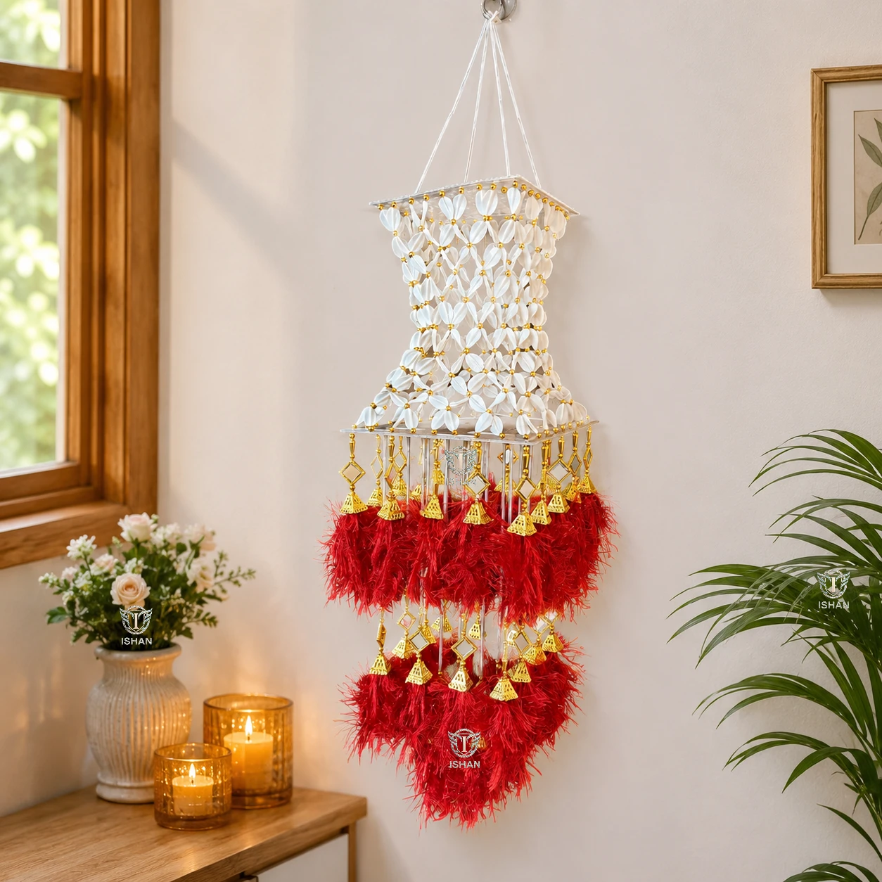 ISHAN DECOR Traditional Yellow Mirror Work Jhumar | Fancy Plastic Ceiling Chandelier & Hanging Decoration for Home, Living Room & Events