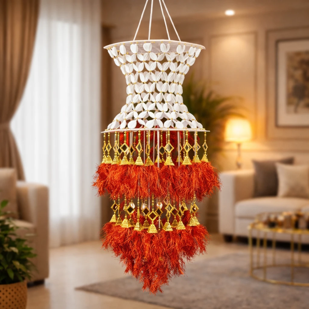 ISHAN DECOR Traditional Yellow Mirror Work Jhumar | Fancy Plastic Ceiling Chandelier & Hanging Decoration for Home, Living Room & Events