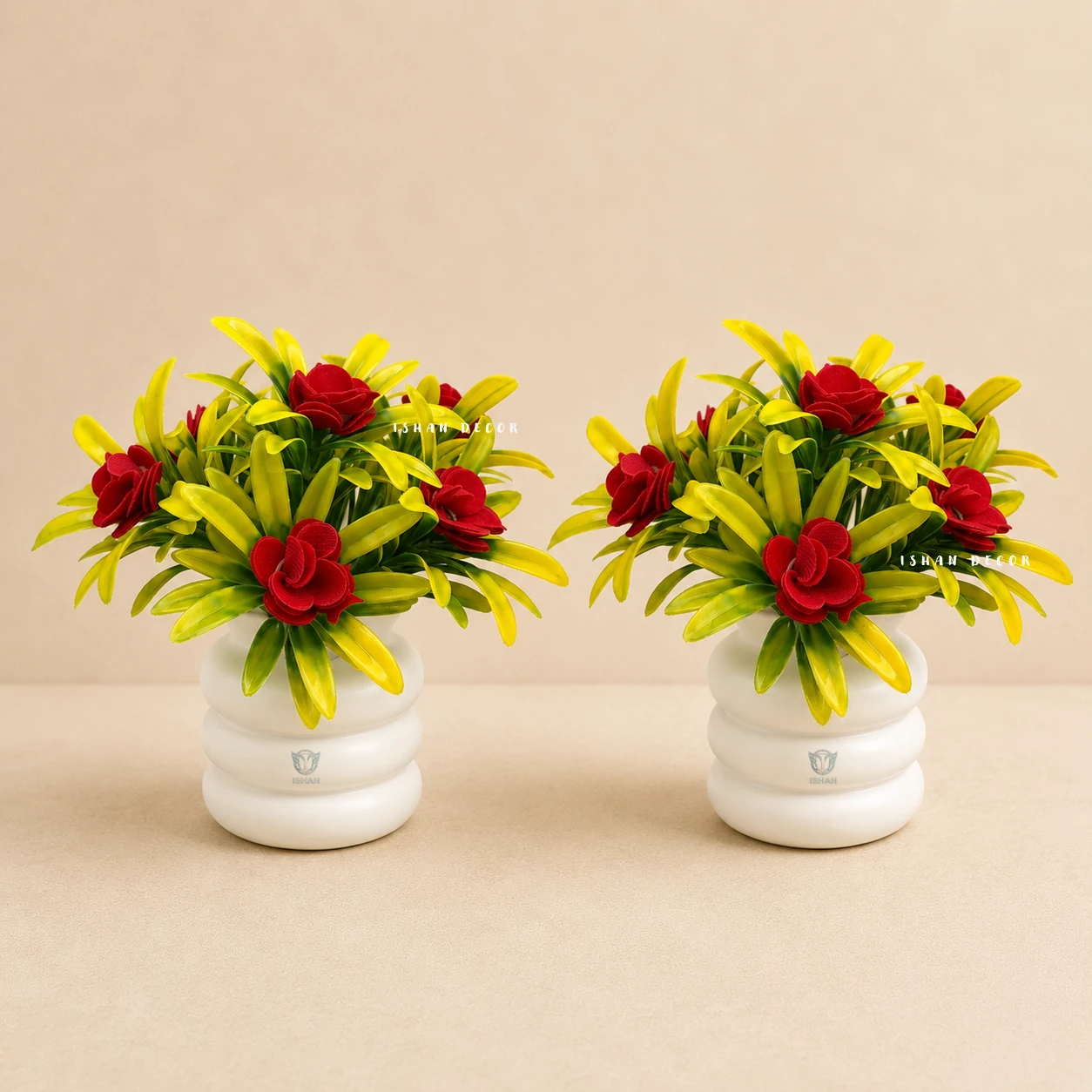 ISHAN DECOR Set of 2 Artificial Flower Pots | Multi-Color Faux Plastic Plants for Home, Office & Table Decor | best artificial flower pot