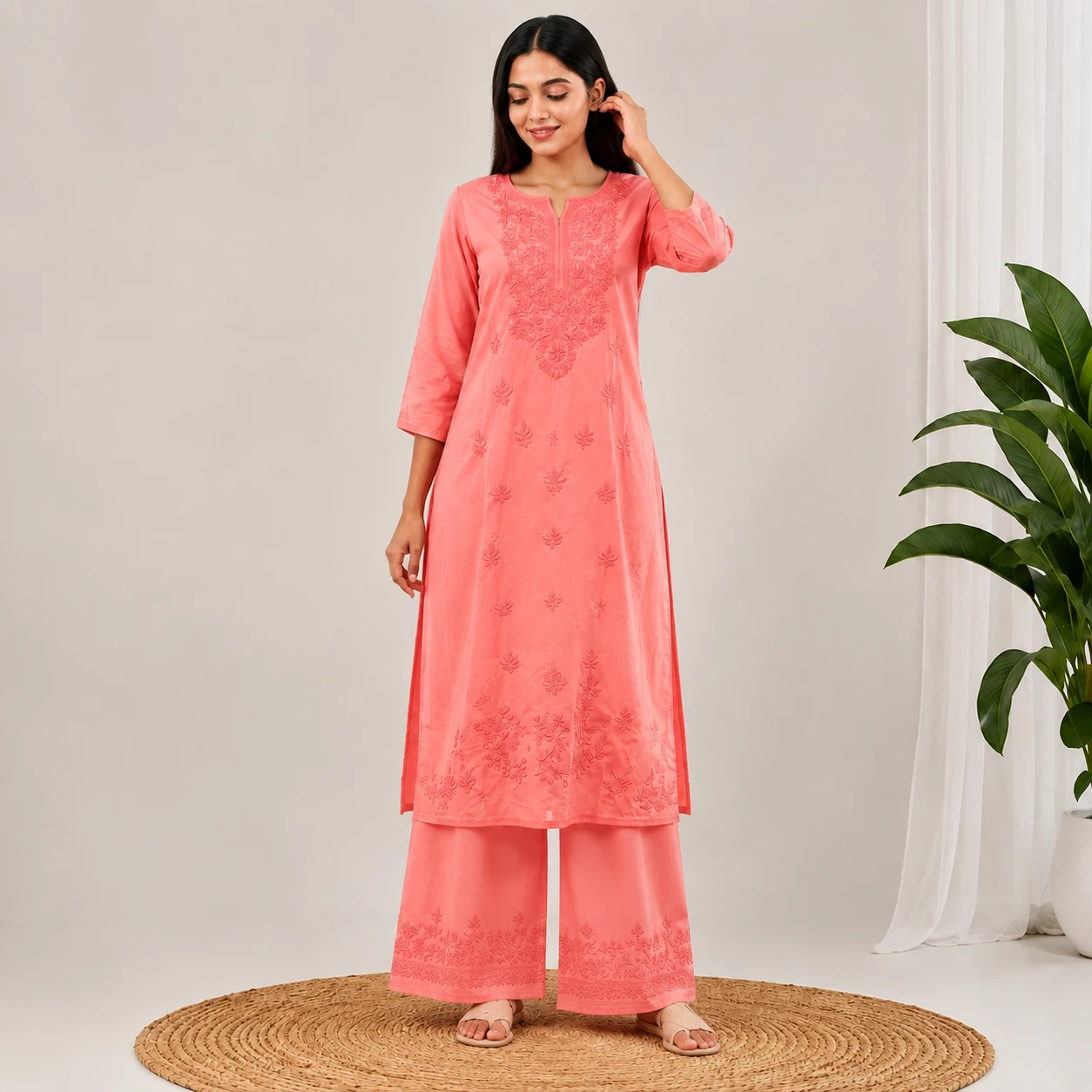 Pansho Omkara Chikankari 2 pcs Co-ord set : peach color