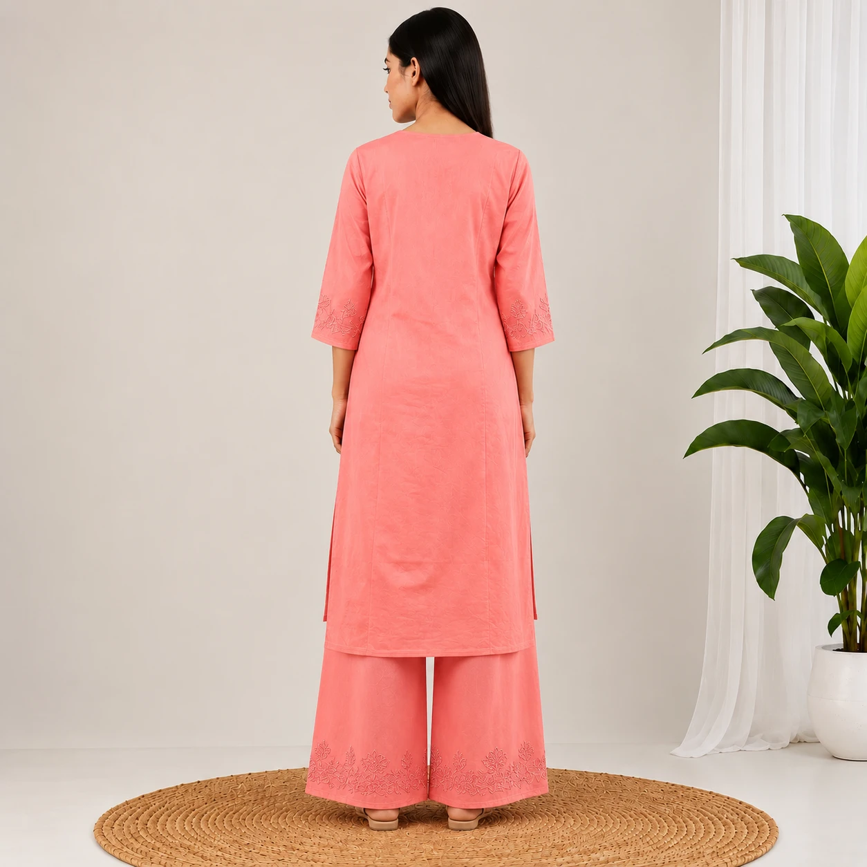 Pansho Omkara Chikankari 2 pcs Co-ord set : peach color