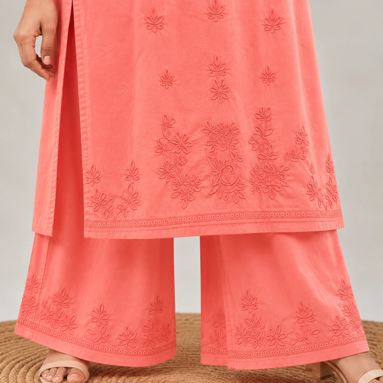 Pansho Omkara Chikankari 2 pcs Co-ord set : peach color