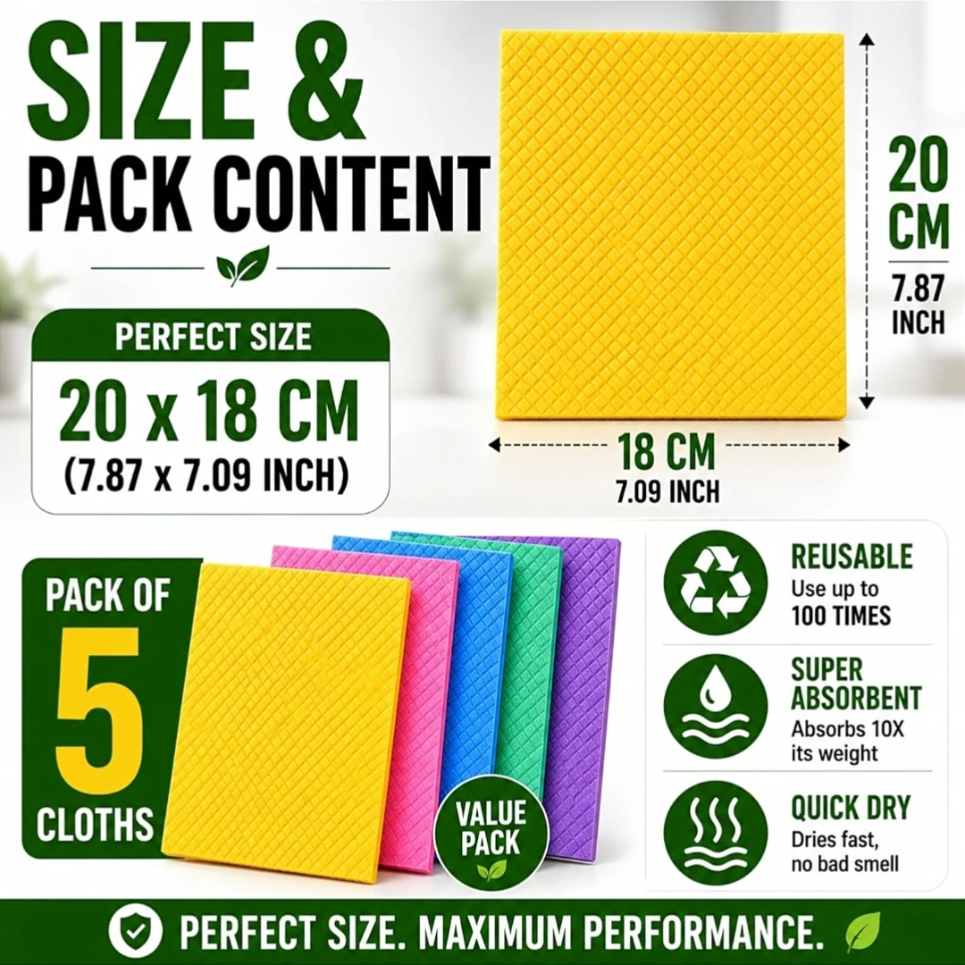 Sponge Wipes for Kitchen and Home Cleaning, Soft and Absorbent Reusable Cleaning Wipes, Multipurpose for Daily Cleaning, Pack of 5 (Multicolor)