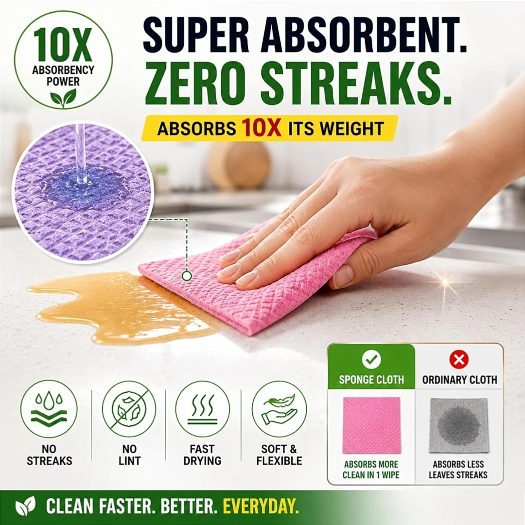 Sponge Wipes for Kitchen and Home Cleaning, Soft and Absorbent Reusable Cleaning Wipes, Multipurpose for Daily Cleaning, Pack of 5 (Multicolor)