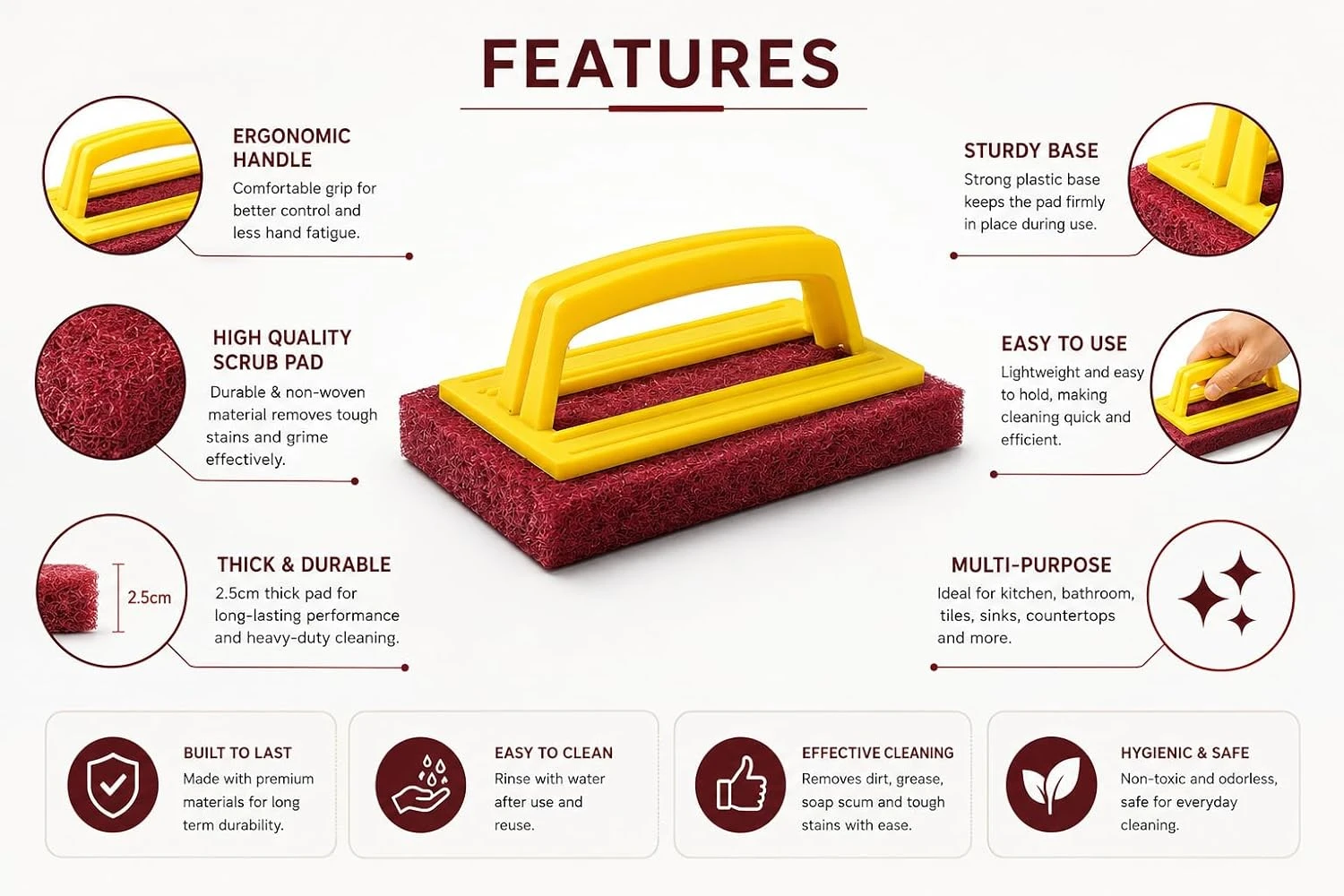 Premium Heavy-Duty Tile and Floor Cleaning Scrubber Brush with Comfortable Plastic Handle | Scrubber Pad for Bathroom, Kitchen, Sink, and Wall Tiles (Pack of 1)