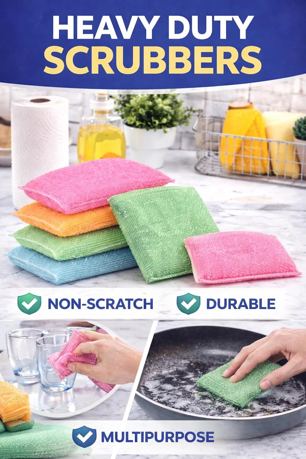 Multipurpose Kitchen Scrubber Sponge Pads, Non-Toxic Scratch-Proof Dish Wash Foam, Colorful Plastic Sponge (Pack of 6)