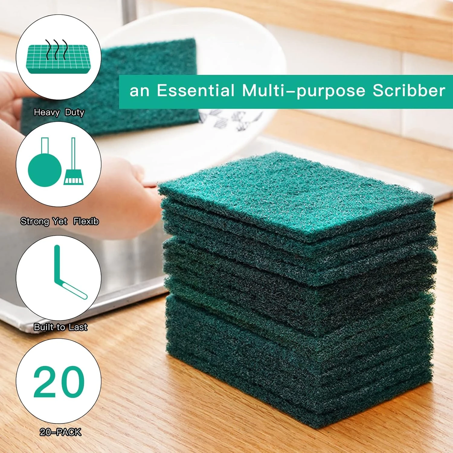 Green Scrubber Pads for Kitchen Utensils Cleaning Non-Scratch Multipurpose Dish & Cookware Scrubbers (Pack of 10)