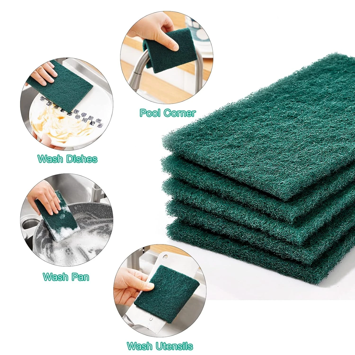 Green Scrubber Pads for Kitchen Utensils Cleaning Non-Scratch Multipurpose Dish & Cookware Scrubbers (Pack of 10)