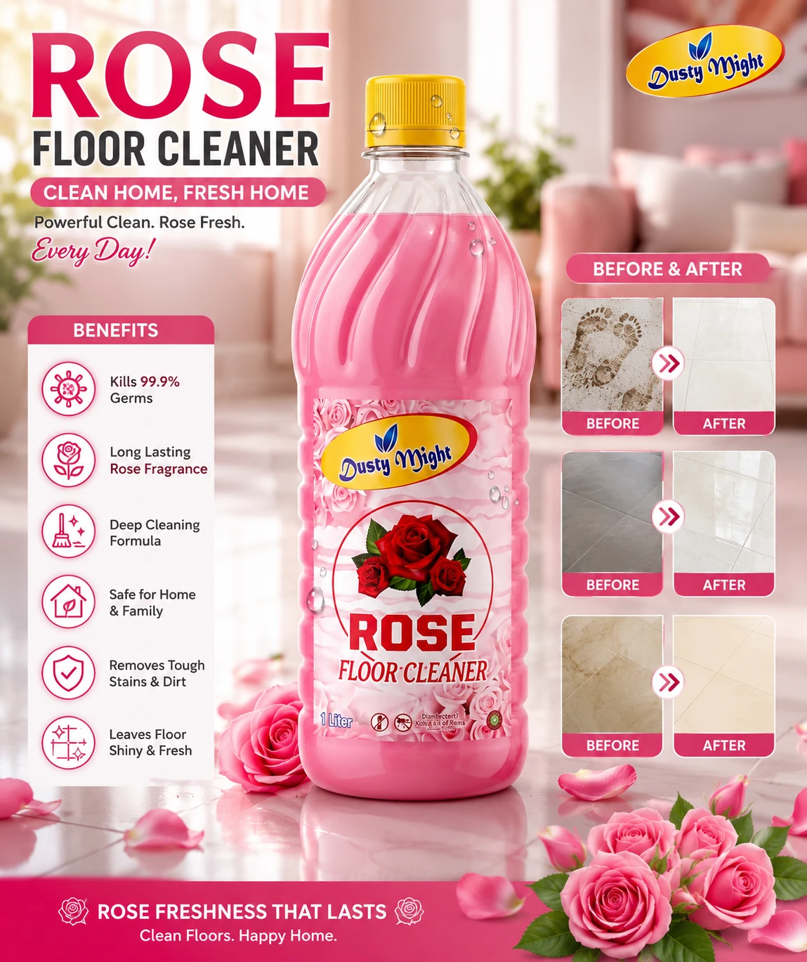 Dusty Might Rose Disinfectant Phenyl | Antibacterial Floor Cleaner for Home | 1 L