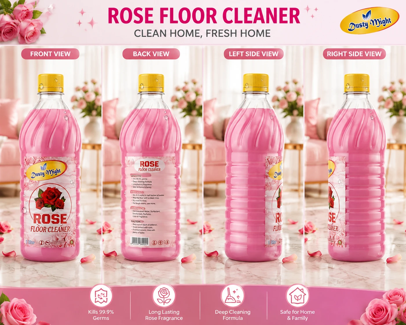 Dusty Might Rose Disinfectant Phenyl | Antibacterial Floor Cleaner for Home | 1 L