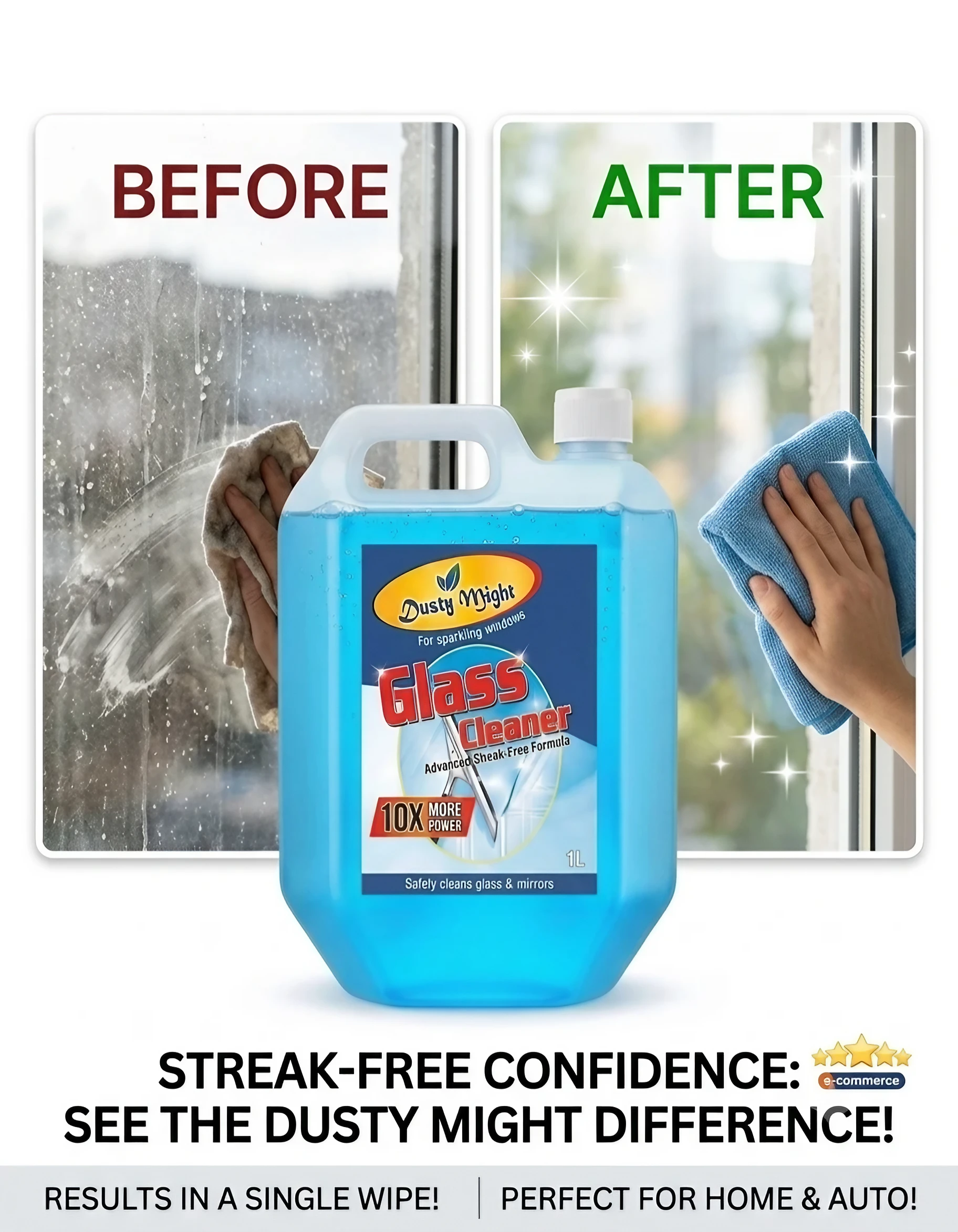 Dusty Might Glass & Mirror Cleaning Liquid | Multi-Surface Cleaner with Shine Boosters | 1 Litre