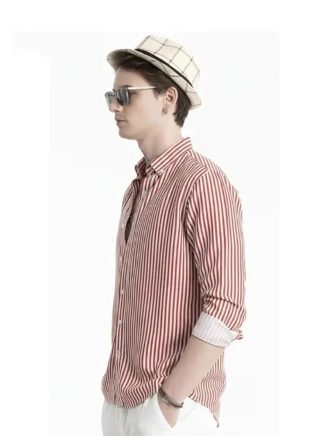 Men's Maroon & White Vertical Striped Full Sleeve Casual Shirt