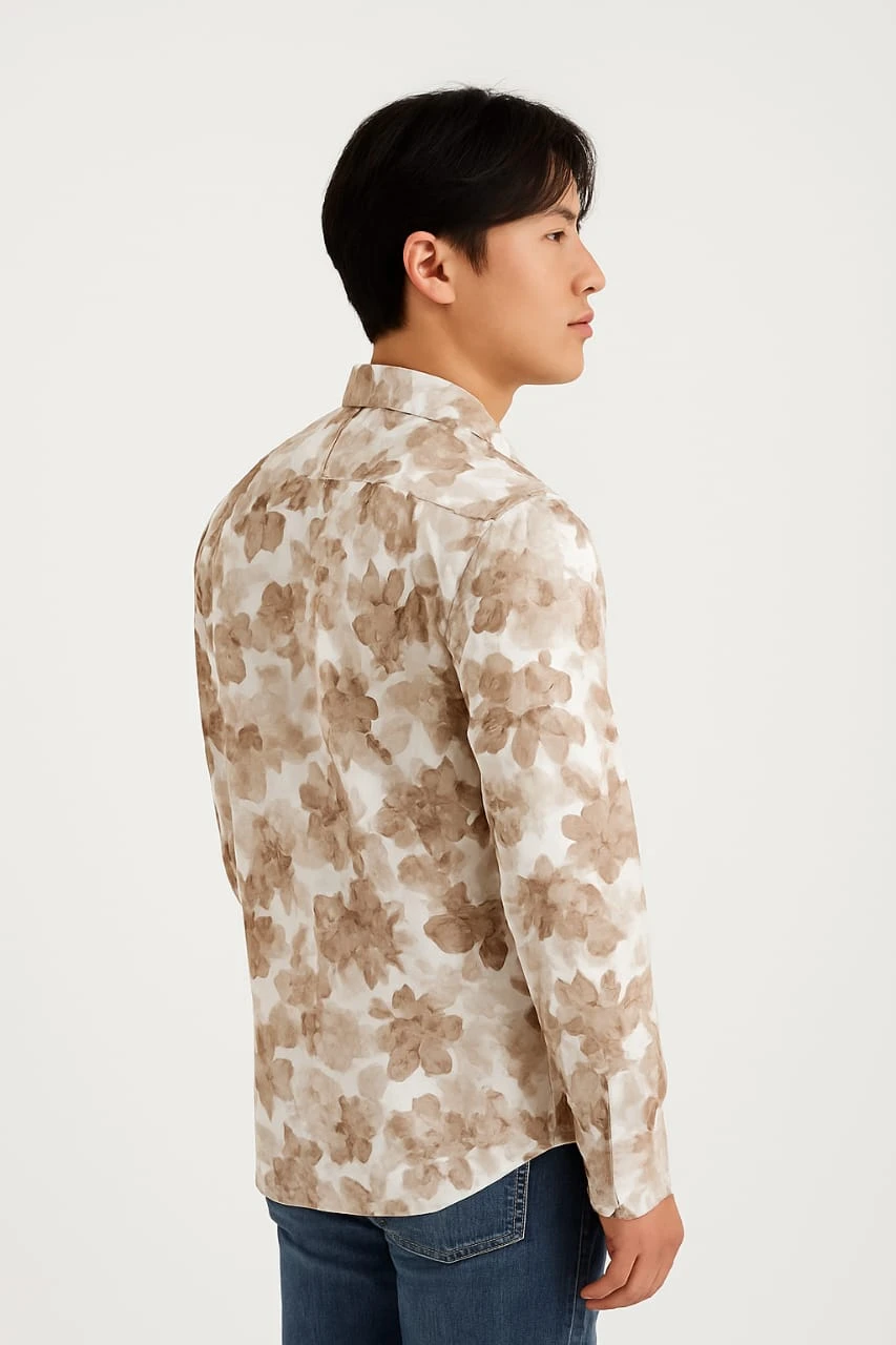 Men's Cream Floral Printed Full Sleeve Casual Shirt