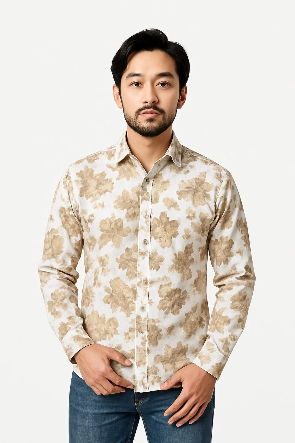 Men's Cream Floral Printed Full Sleeve Casual Shirt