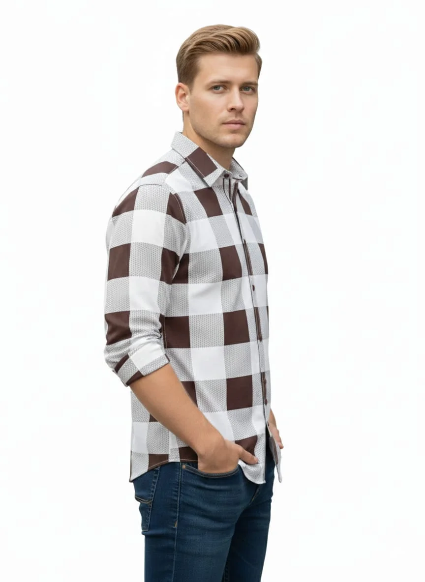 Men's Brown & White Checkered Full Sleeve Casual Shirt