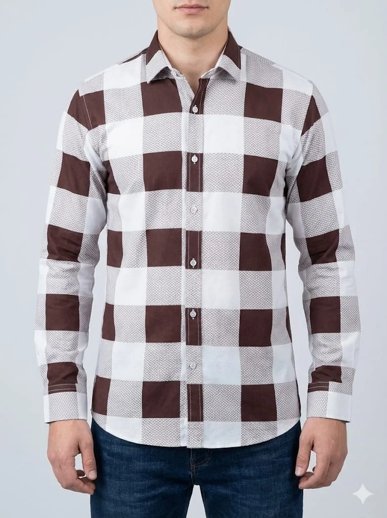 Men's Brown & White Checkered Full Sleeve Casual Shirt