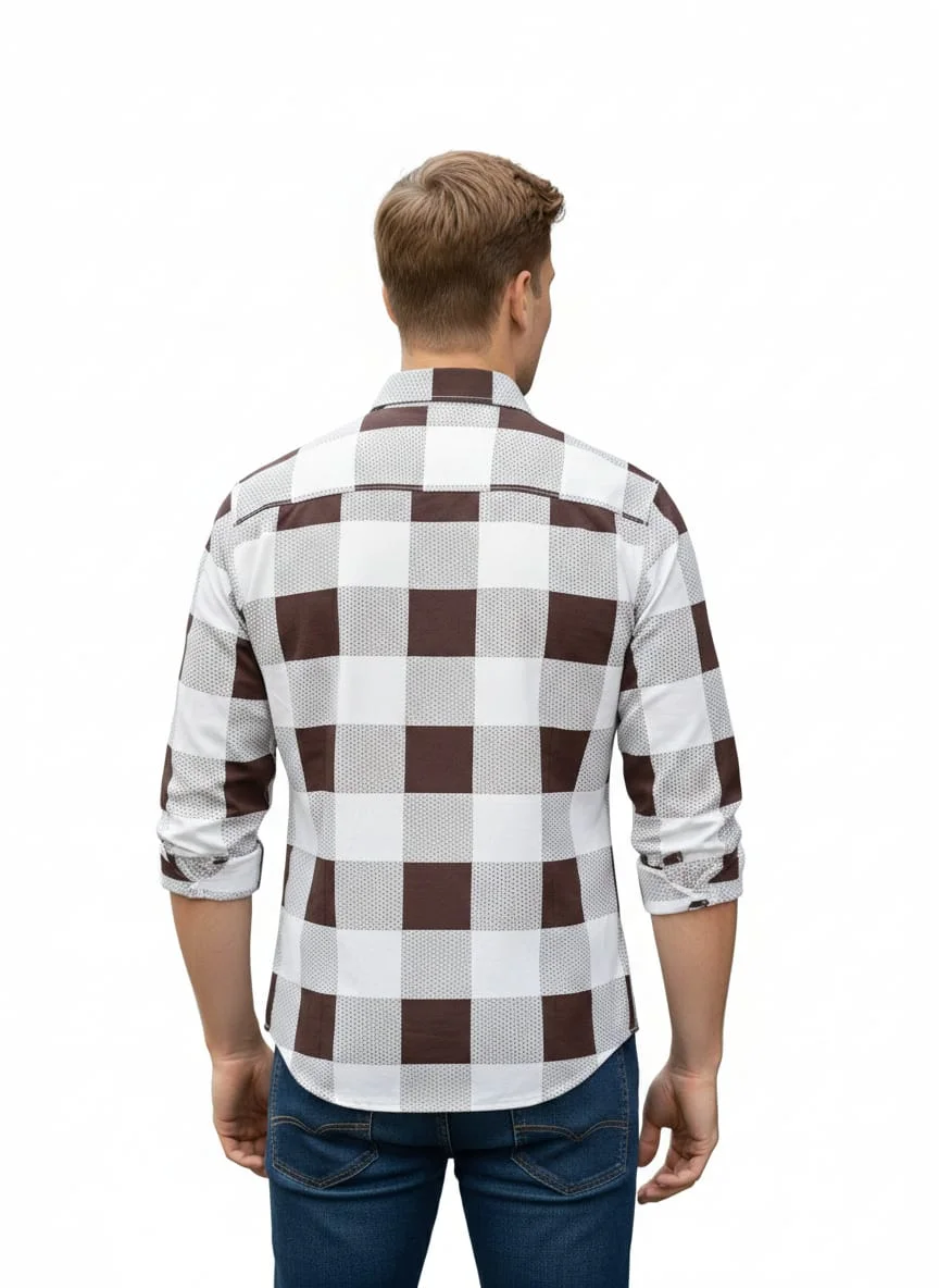 Men's Brown & White Checkered Full Sleeve Casual Shirt