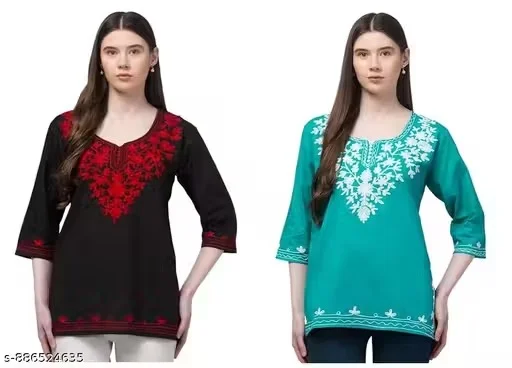 Women Embroidered Pure Cotton Short Kurti Floral Pattern (Pack of 2)