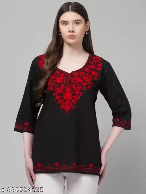 Women Embroidered Pure Cotton Short Kurti Floral Pattern (Pack of 2)