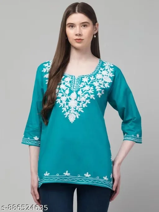 Women Embroidered Pure Cotton Short Kurti Floral Pattern (Pack of 2)