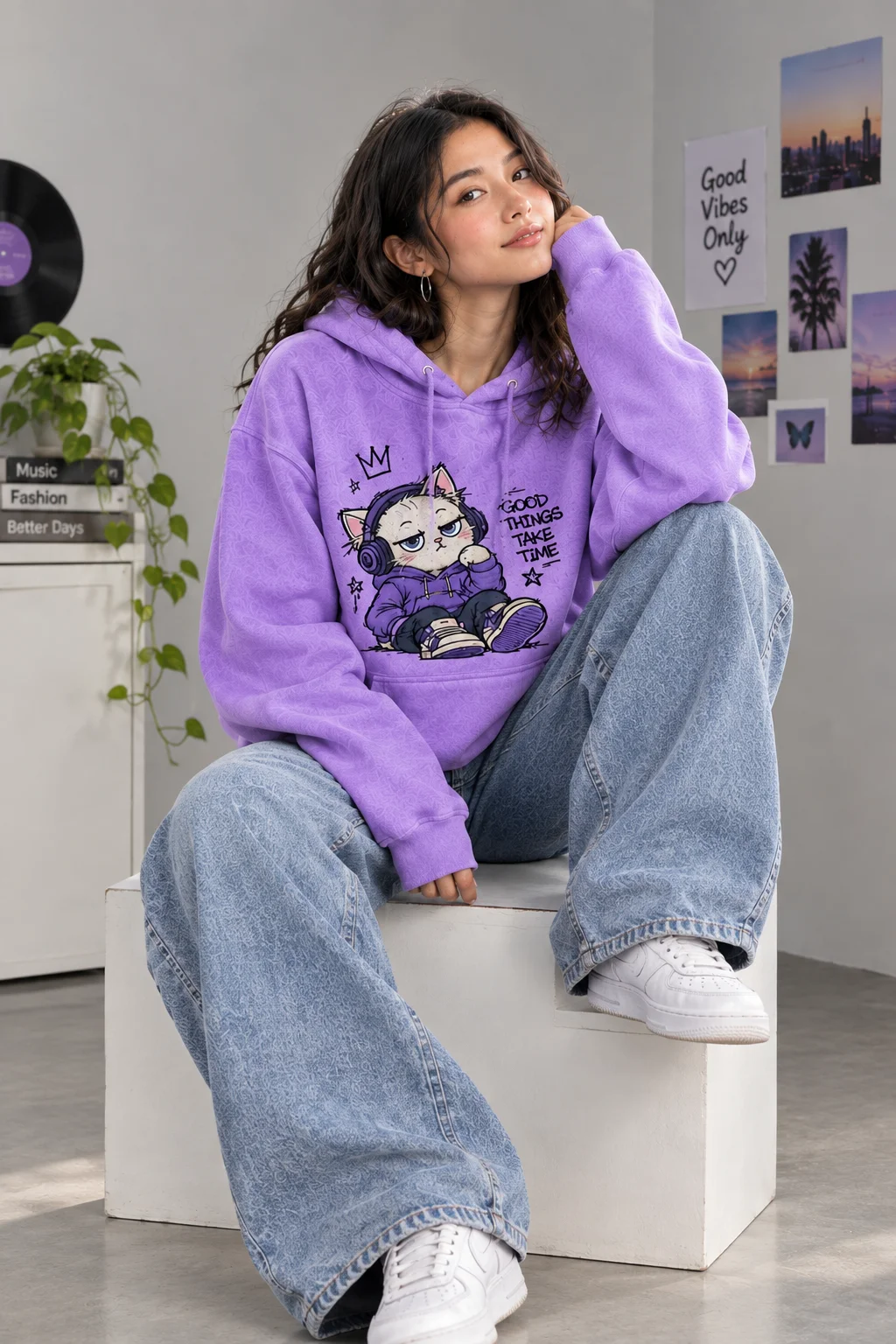 Women’s Purple Graphic Printed Hooded Sweatshirt with Cat Design