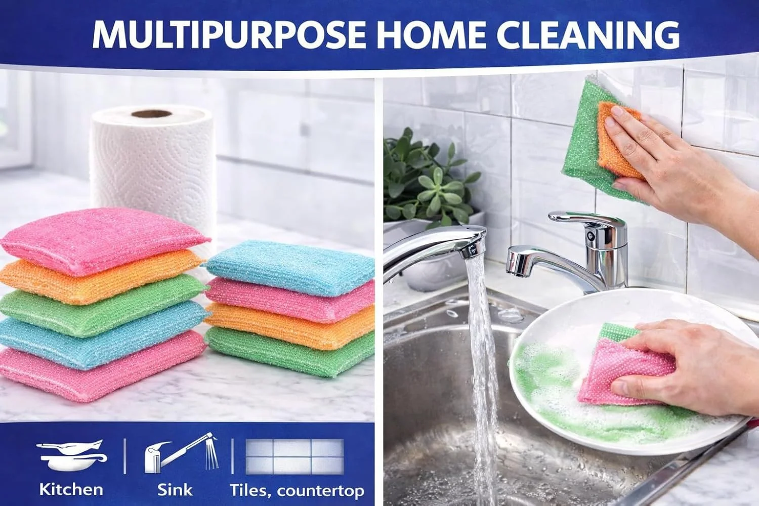 Foam Pad Scrubber Kitchen Utensil Scrubber Pad Kitchen Scrubber for Dishwashing/Utensils/Tiles | Cleaning Scrub Pad, Scrub Sponge, Sponge Wipe Pack of 12