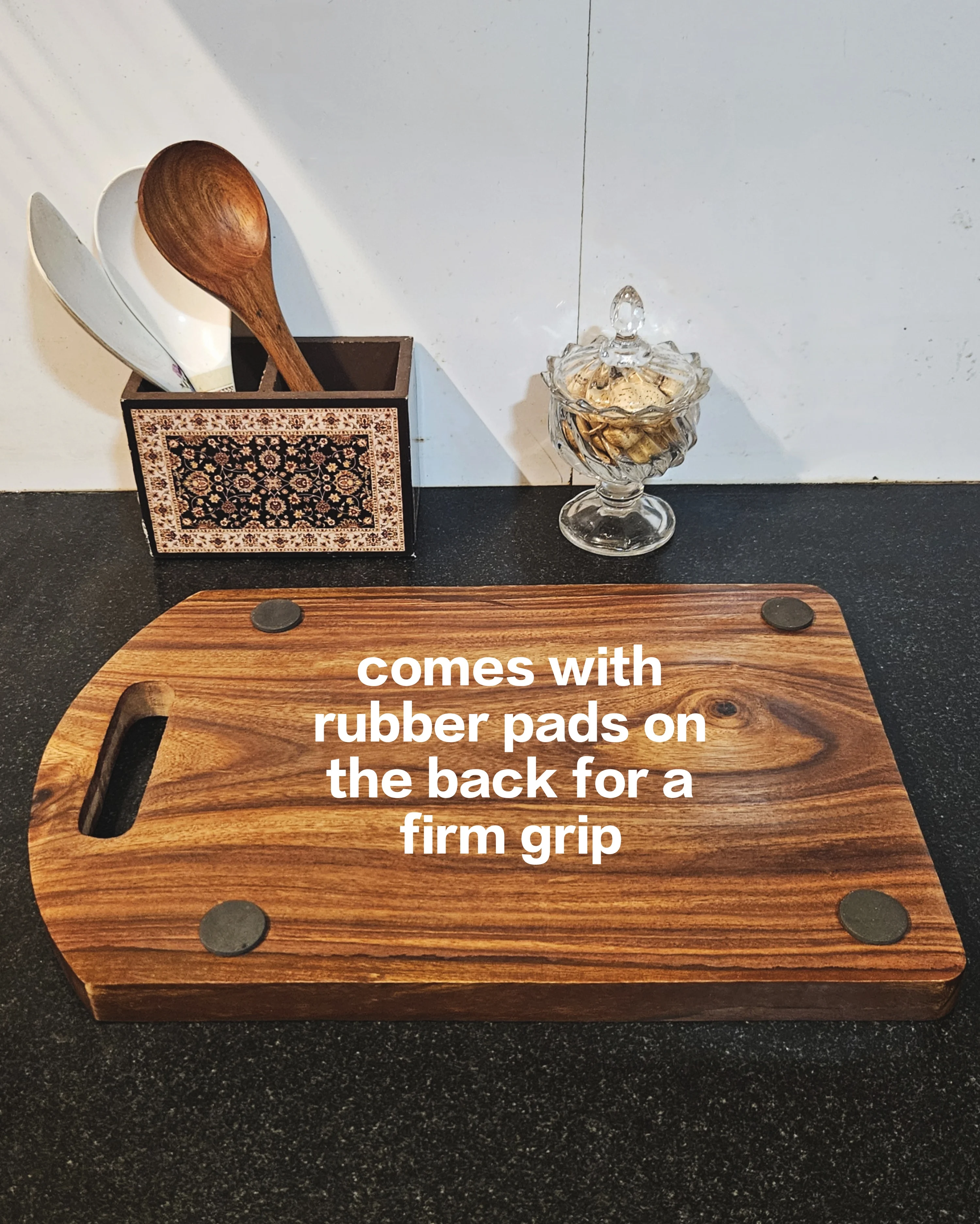 Master Arts Large Wooden Chopping Board for Kitchen 15x10x1 Inches | Pure Sheesham Wood Cutting Board with Handle and Anti-Slip Grip | Vegetables, Fruits, Cheese & Bread