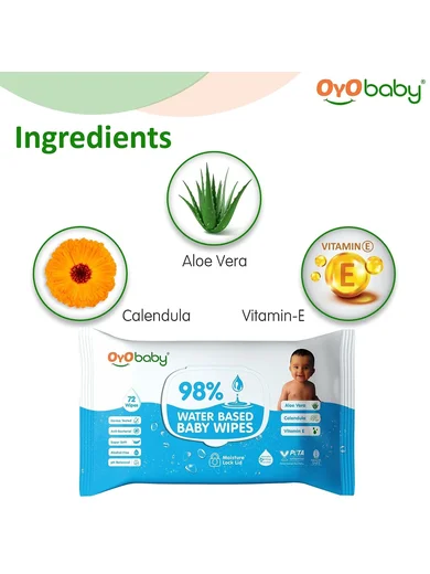OYO BABY Pure Water Baby Wipes 98% - Gentle and Refreshing Wet Wipes for Your Newborn pack of 3x72 Pcs with Lid