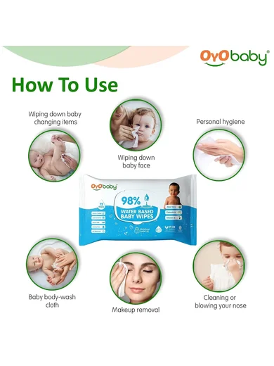 OYO BABY Pure Water Baby Wipes 98% - Gentle and Refreshing Wet Wipes for Your Newborn pack of 3x72 Pcs with Lid