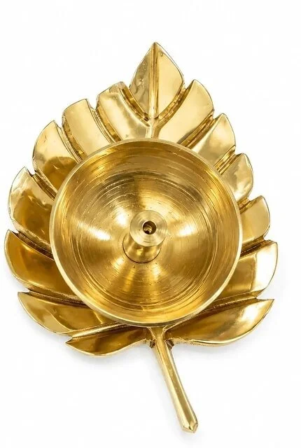 Brass Leaf Shaped Diya Oil Lamp with Gold Finish for Pooja, Diwali & Home Temple Decor