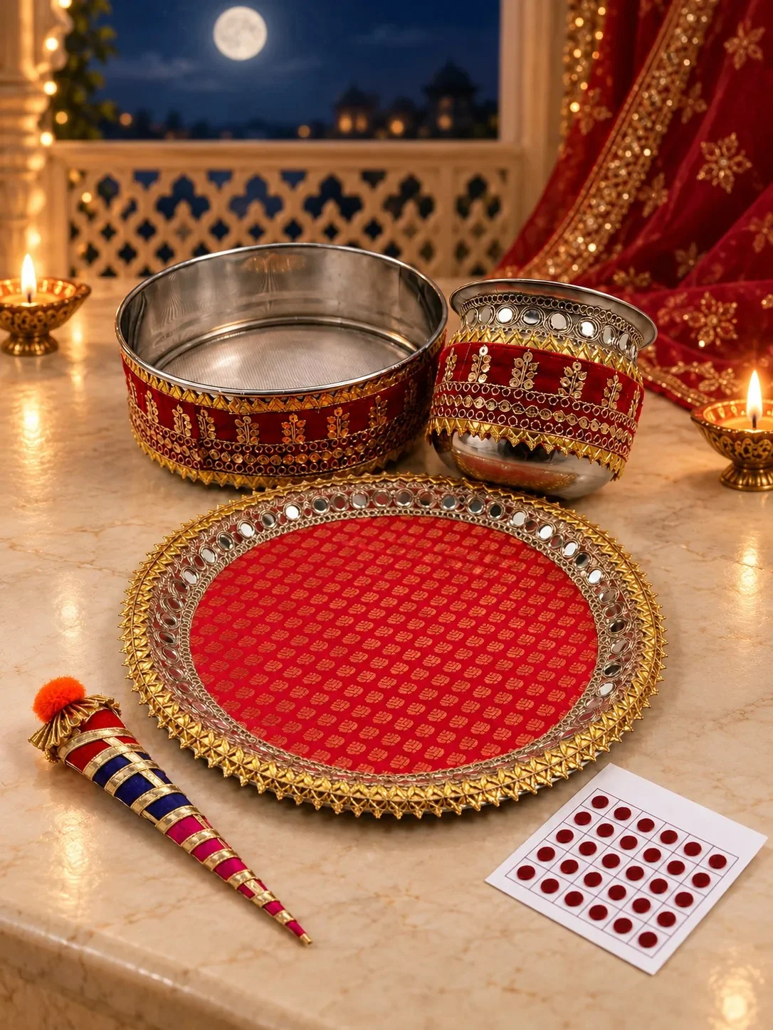 Festive Red Handcrafted Gota Work Karwa Chauth Thali Set