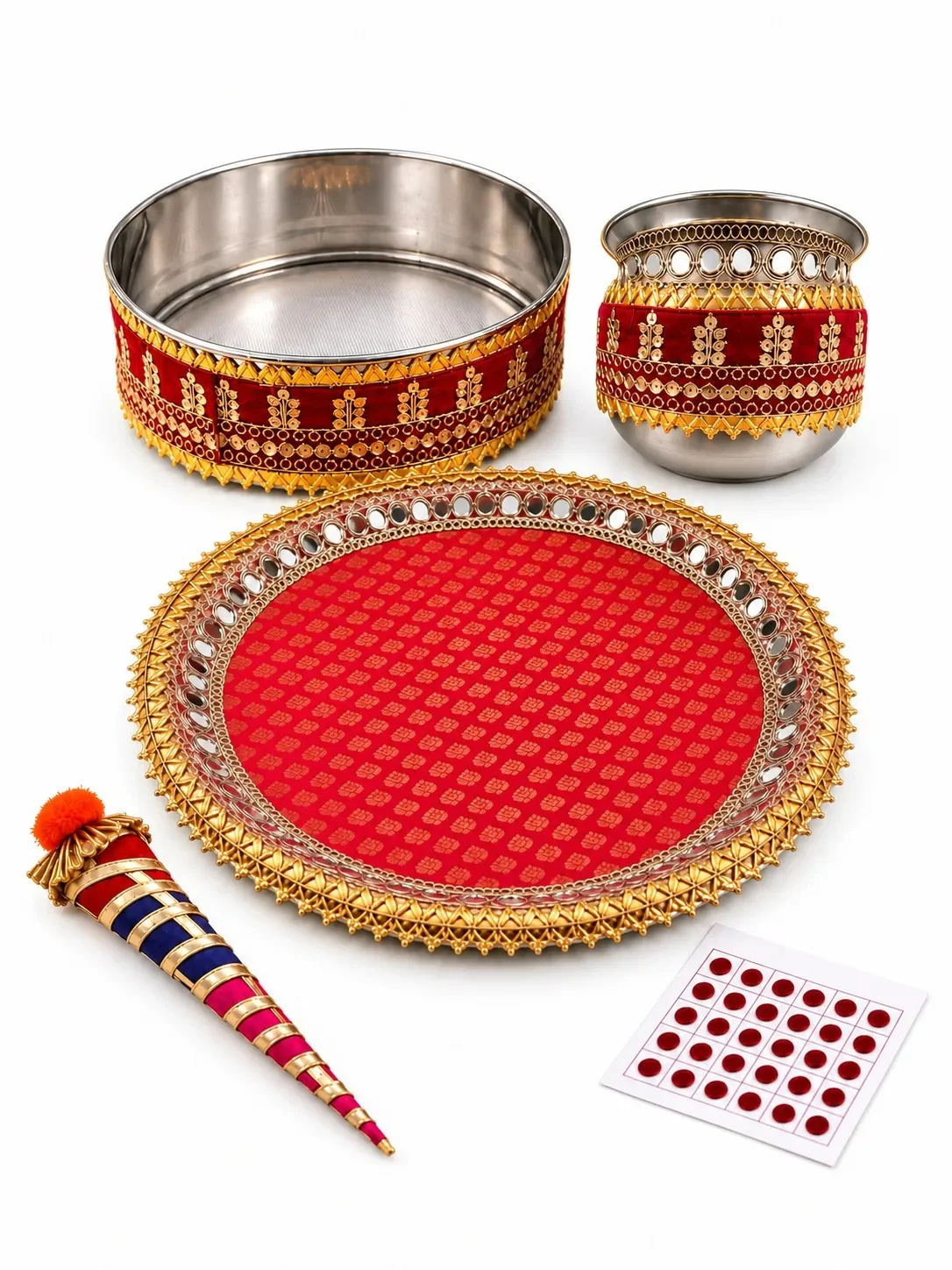 Festive Red Handcrafted Gota Work Karwa Chauth Thali Set