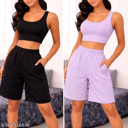 Women’s Lavender and Black combo Pack of 2 pcs Relaxed Fit Elastic Waist Casual Shorts with Side Pockets