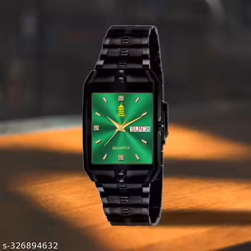 Light House Green dial, black chain watch for men and boys with day and date feature