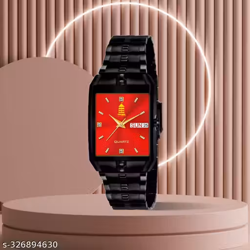 Light House A stylish black watch with a red face, resting on a table. Perfect for men and boys, featuring a black chain and a lighthouse design.