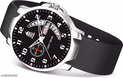 Black Light House watch designed for men and boys, showcasing a black and white color scheme with red and white face.