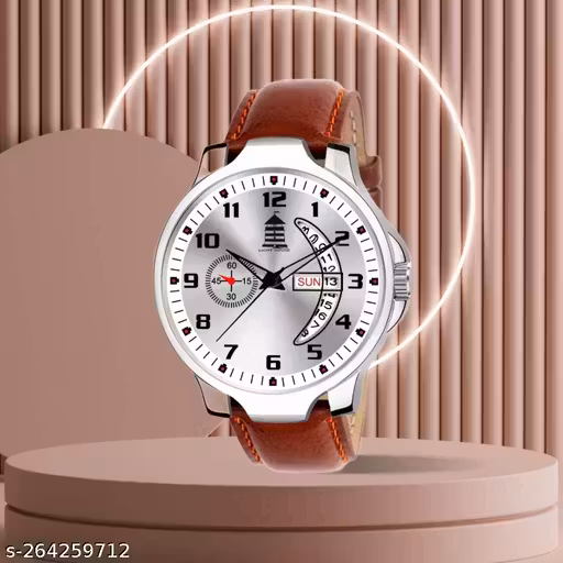 Light House Men & boys day & day watch featuring a silver dial, brown leather strap, set against a pink background.