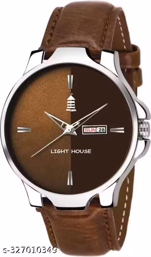 Light House Analog Watch for Men & Boys | Brown Dial with Day & Date | Leather Strap | Stylish Daily Wear Watch