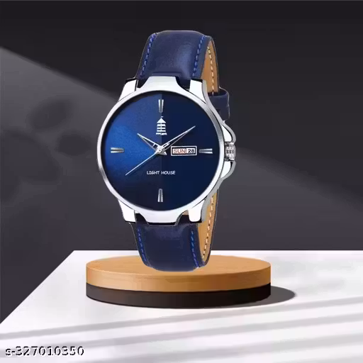 Light House Analog Watch for Men & Boys | Blue Dial with Day & Date | Leather Strap | Stylish Daily Wear Watch