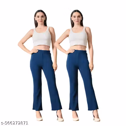 Combo Set Women’s Boot Cut Cotton Blend Trousers | Office & Casual Wear | Soft Stretch Fabric | Comfortable All-Day Fit Pack Of 2 Color-Blue