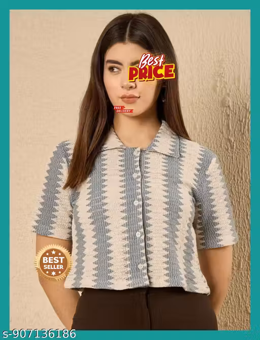 Women's Woven Jacquard Collared Crop Shirt | Trendy Short Sleeve Geometric Print Top