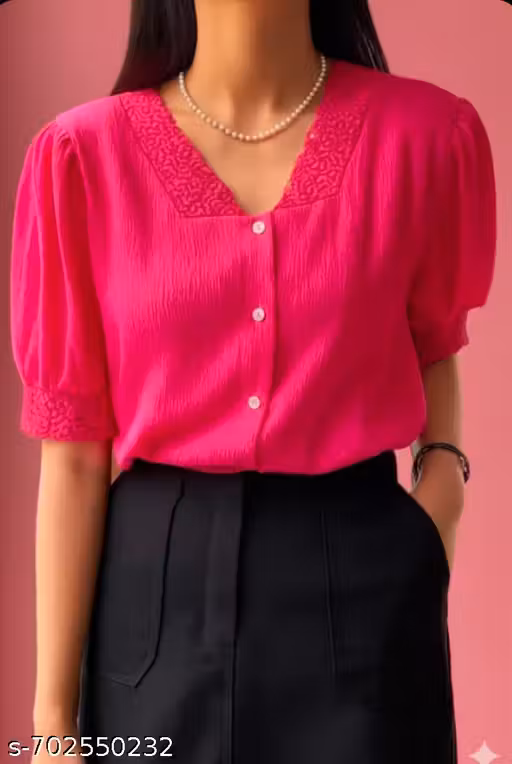 Romantic/Retro Style Sweetheart Neckline Crinkle Crepe Top in Fuchsia