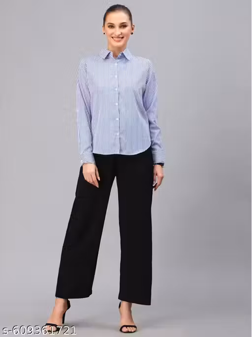 Elegant Blue and White Striped Formal Shirt for Women's Office Wear/Fancy Blue Lining Formal Shirt | Latest Work Wear Collared Top for Girls