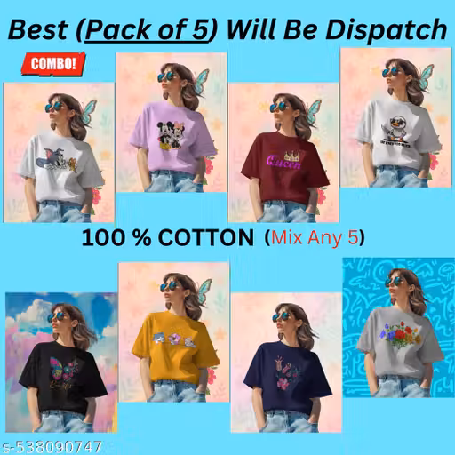 Women tshirts combo | Women tshirts | printed t-shirt combo | women t-shirt combo | women t-shirt combo pack of 5 | girls tshirt combo set.Best (pack of 5) will be dispatch