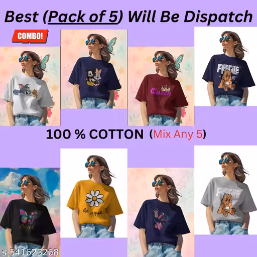 Women tshirts combo | Women tshirts | printed t-shirt combo | women t-shirt combo | women t-shirt combo pack of 5 | girls tshirt combo set.Best (pack of 5) will be dispatch