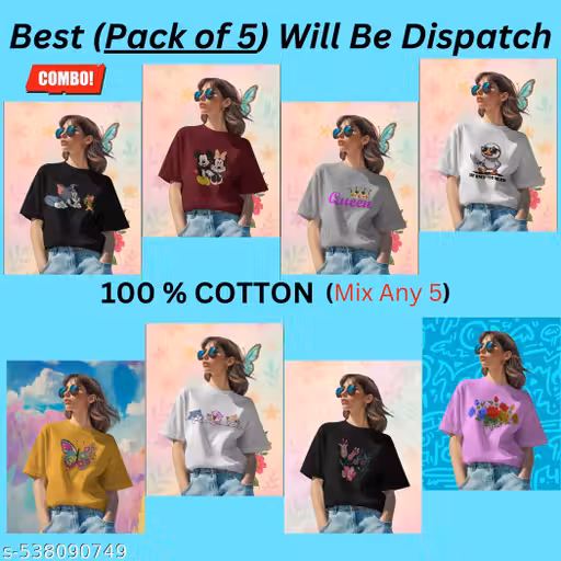 Women tshirts combo | Women tshirts | printed t-shirt combo | women t-shirt combo | women t-shirt combo pack of 5 | girls tshirt combo set.Best (pack of 5) will be dispatch