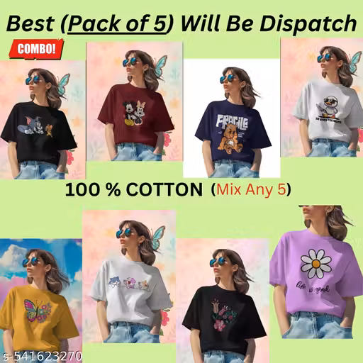 Women tshirts combo | Women tshirts | printed t-shirt combo | women t-shirt combo | women t-shirt combo pack of 5 | girls tshirt combo set.Best (pack of 5) will be dispatch