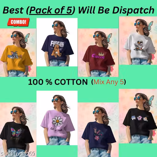 Women tshirts combo | Women tshirts | printed t-shirt combo | women t-shirt combo | women t-shirt combo pack of 5 | girls tshirt combo set.Best (pack of 5) will be dispatch