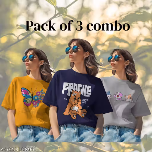Women's 3pcsSet Casual Retro Stylish Cotton Round Neck Tshirts 100% Cotton Regular fit For Women And Girls Combo Pack of 3