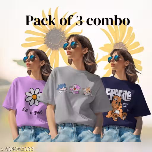 Women's Fancy Stylish Cotton Round Neck Tshirts 100% Cotton Regular fit For Women And Girls (Combo Pack of 3)